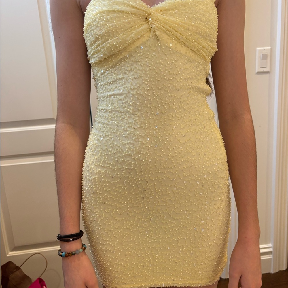 Oh Polly Yellow Beaded Mini Dress